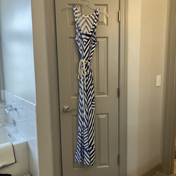 Ann Taylor LOFT Maxi Dress Medium Blue Striped Racer back Rope Belt Stretch Long - Picture 1 of 10